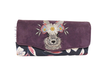 Grand portefeuille brodé pour femme, en faux cuir violet, tissu fleuri bleu marine, broderie  lapin