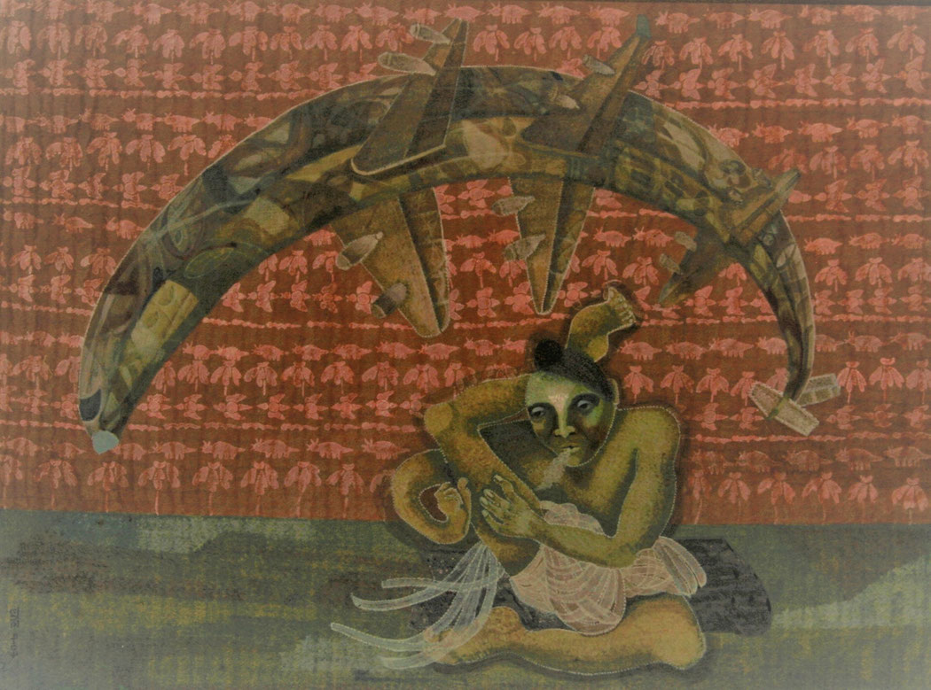YOGA DAYS - THE BENT SPINE OF LONG HAUL TRAVEL - Size: 24x18 ins. - Medium: egg tempera.  -  #egg tempera