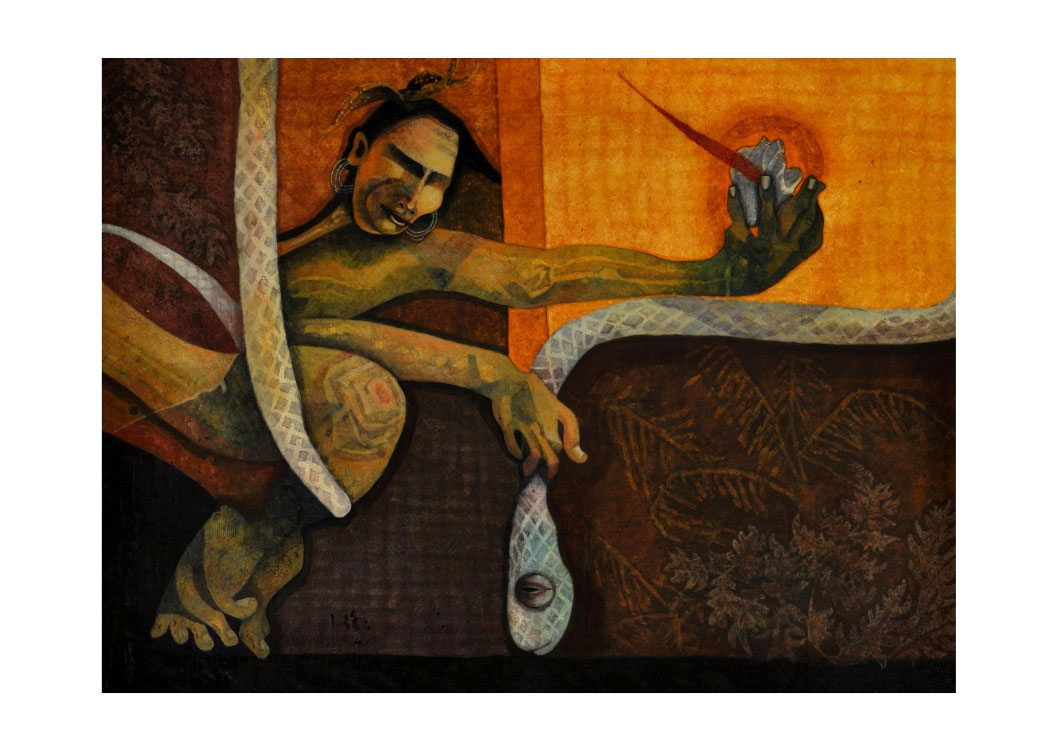 AN ELEGY TO THE SNAKE CHARMER - "Lokesh Snake" as he was called had a record of 35,000 snakes caught and released. Unfortunately he succumbed performing this yeoman service.Size: 25x19 ins. - Medium: egg tempera