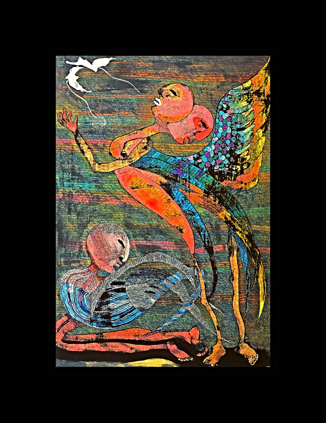 KITE FLYING - Size: 39x28 ins. - Medium; pen & ink & watercolour on paper.