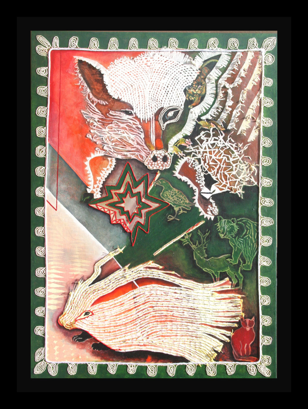 THE PORCUPINE-Size: 36x24 ins.-Medium: thread, paper and acrylic on canvas. Even the fierce wild boar fears the porcupine's quills.