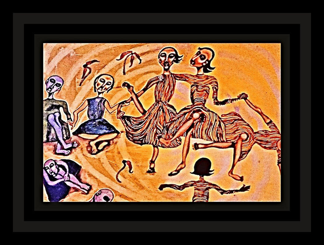 GIRLS FROM THE ITEM NUMBER DANCE SCHOOL - Size: 36x25 ins.- Medium: coffee and water colour on paper.