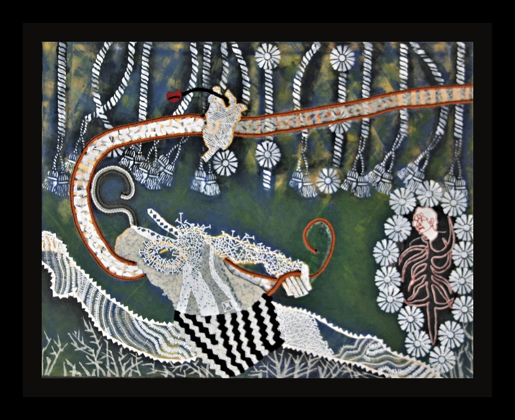 NOT EVERYTHING IS BLACK & WHITE. Horizontal diptych-Left Side-45x35 ins. Medium: thread, paper & acrylic on canvas