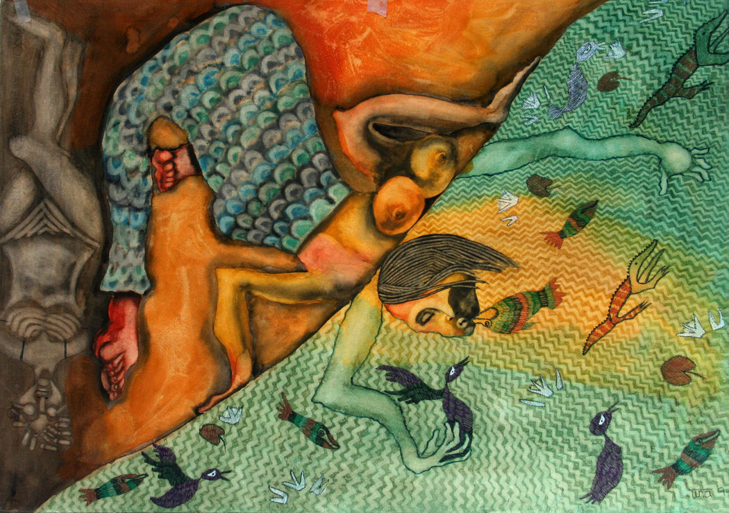 SWIMMING DREAMS - Size: 40x25 ins. - Medium: coffee & watercolour on paper.