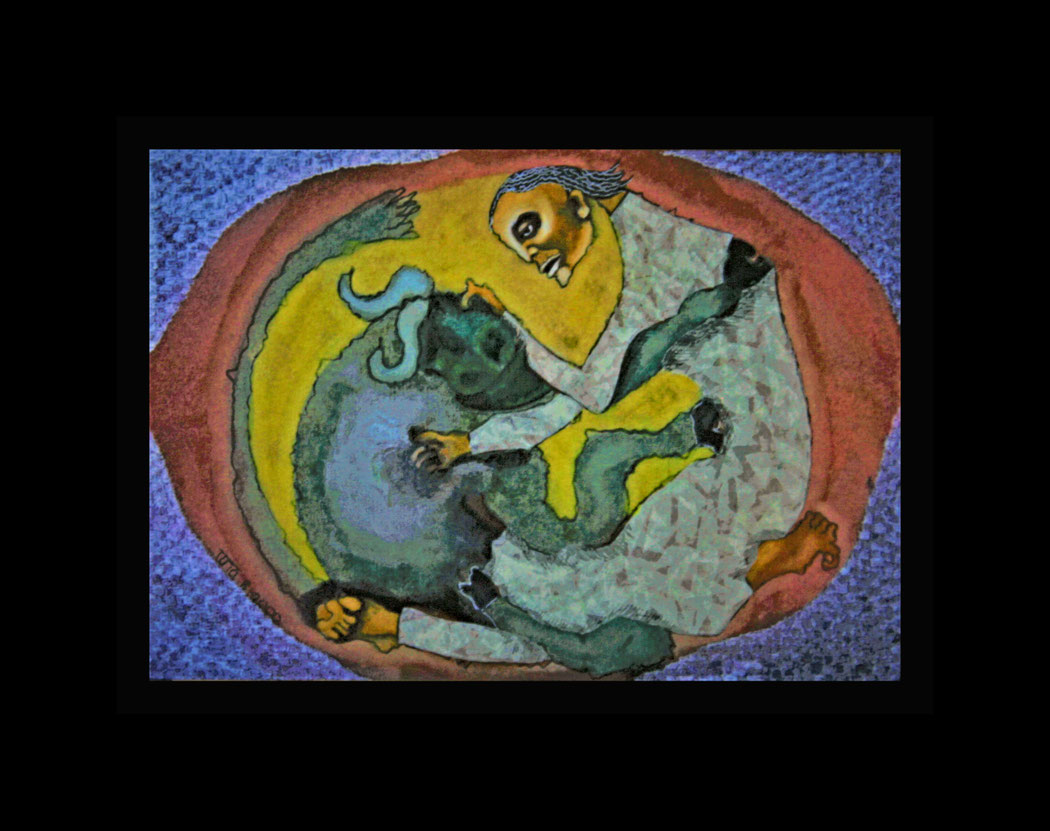 PRELIMINARY PAINTING FOR "TRAVELS ON A BRAHMANI BULL" - Size: 14x10 ins. - Medium: watercolour and paper on paper.