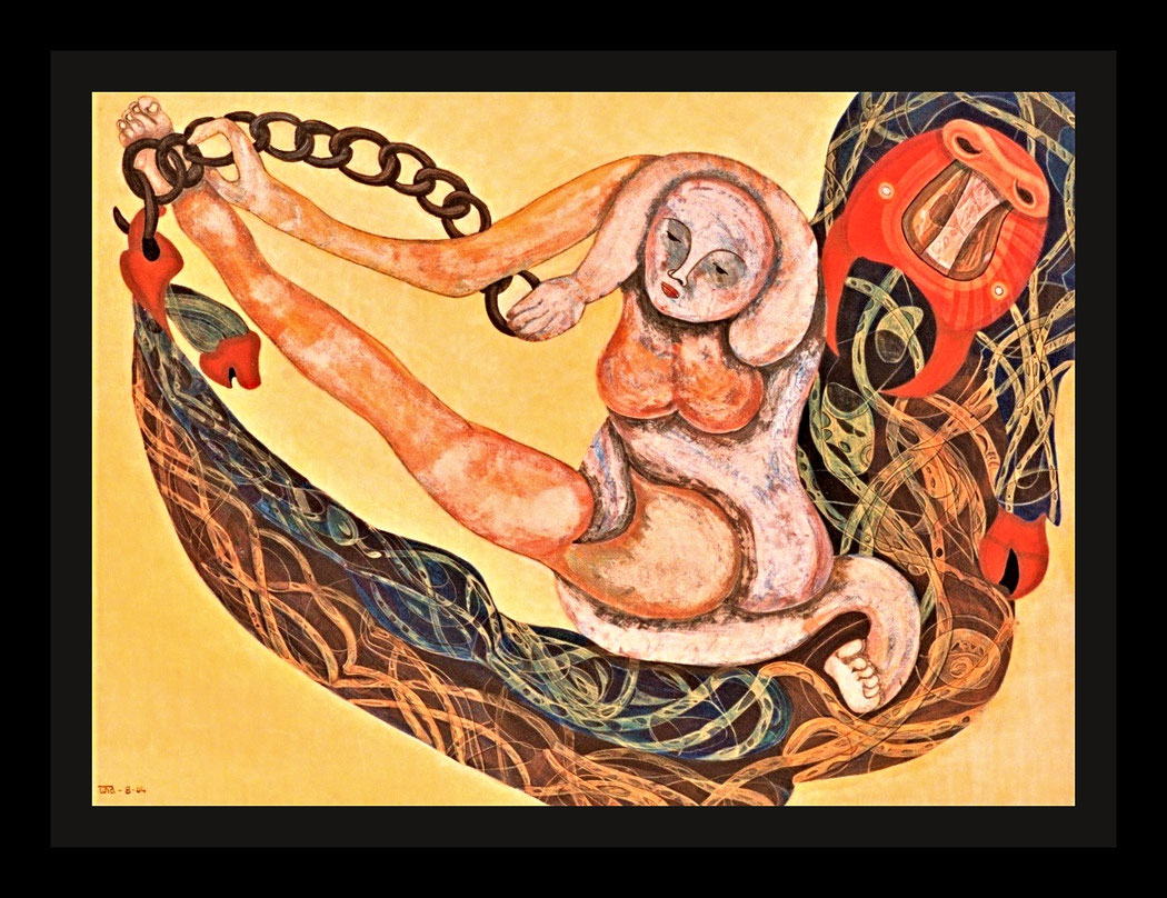 PRELIMINARY PAINTING FOR "TRAVELS ON A BRAHMANI BULL" - Size: 24x18 ins. - Medium- egg tempera on board.  - # egg tempera