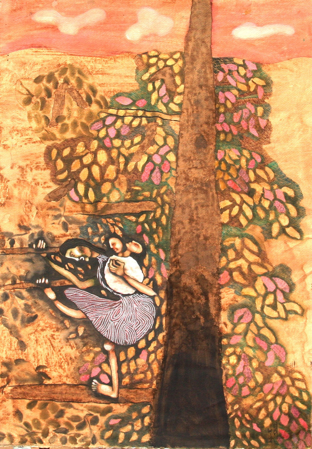 CLIMBING - Size: 40x25 ins. - Medium: coffee & watercolour on paper.