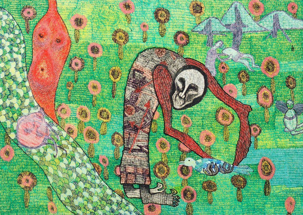A WHOLE OTHER STORY WAS BUILT OVER COVID - Size: 30x18 ins. Medium: pen and ink on paper.