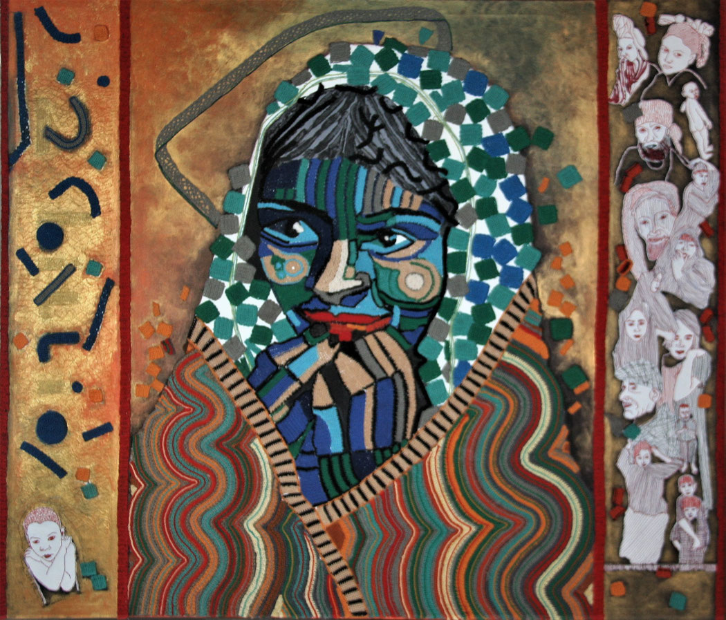 A PORTRAIT OF INDIA - with 60% of India's population below the age of 21 she has been picturised as youthful- Size: 54x47 ins. - Medium: thread, paper & acrylic on canvas. 