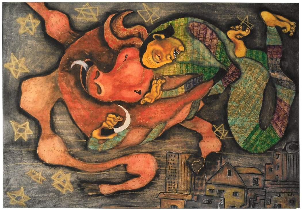 OVER THE CITY - Size: 36x24 ins. - Medium: crayons, pen & ink on paper