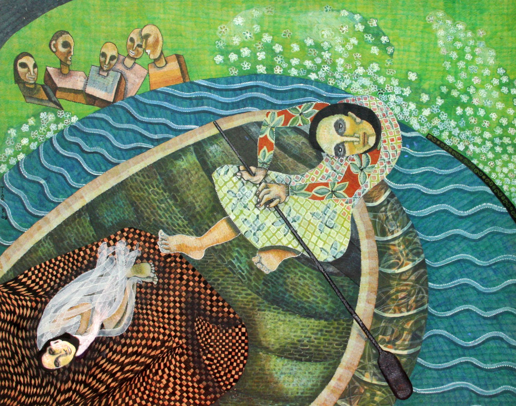  ROWING - Size: 30x24 ins. - Medium: egg tempera on board.  #motherhood, egg tempera