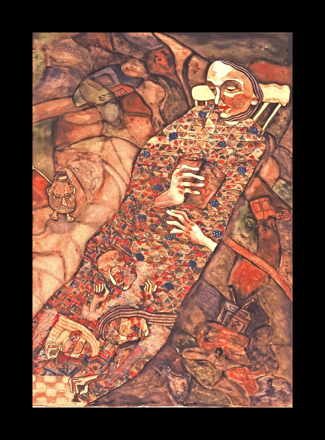 BEDTIME STORIES - Size: 32X26 ins. - Medium: coffee and water colour on paper