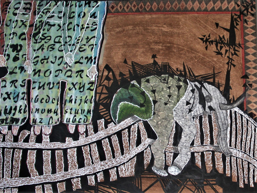 KEEPERS OF THE ELEPHANT CORRIDOR - Size: 30x22 ins. Medium: coffee, pen and ink on paper