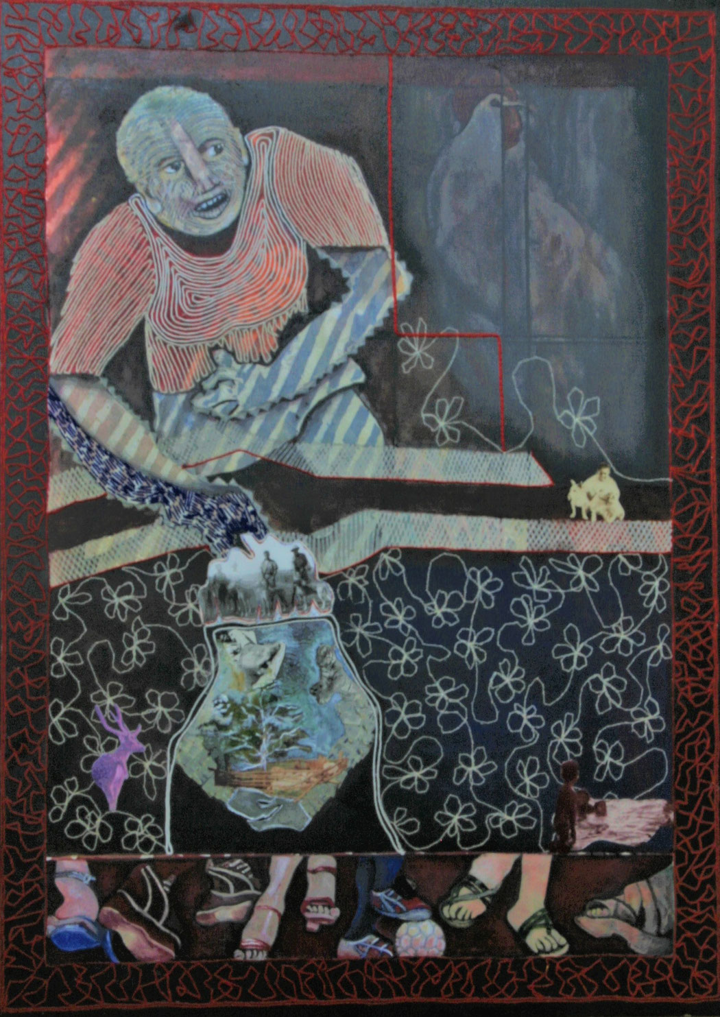 MANU, THE ROOSTER AND VISITORS - Size: 36x24 ins. Medium: acrylic and thread on canvas.