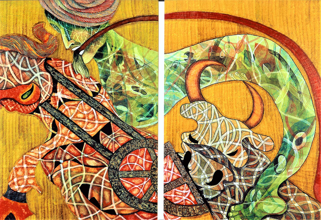 BULL RACING AT QILA RAIPUR-(diptych-each side 25x18 ins. Total:50x36 ins.) Medium: egg tempera.