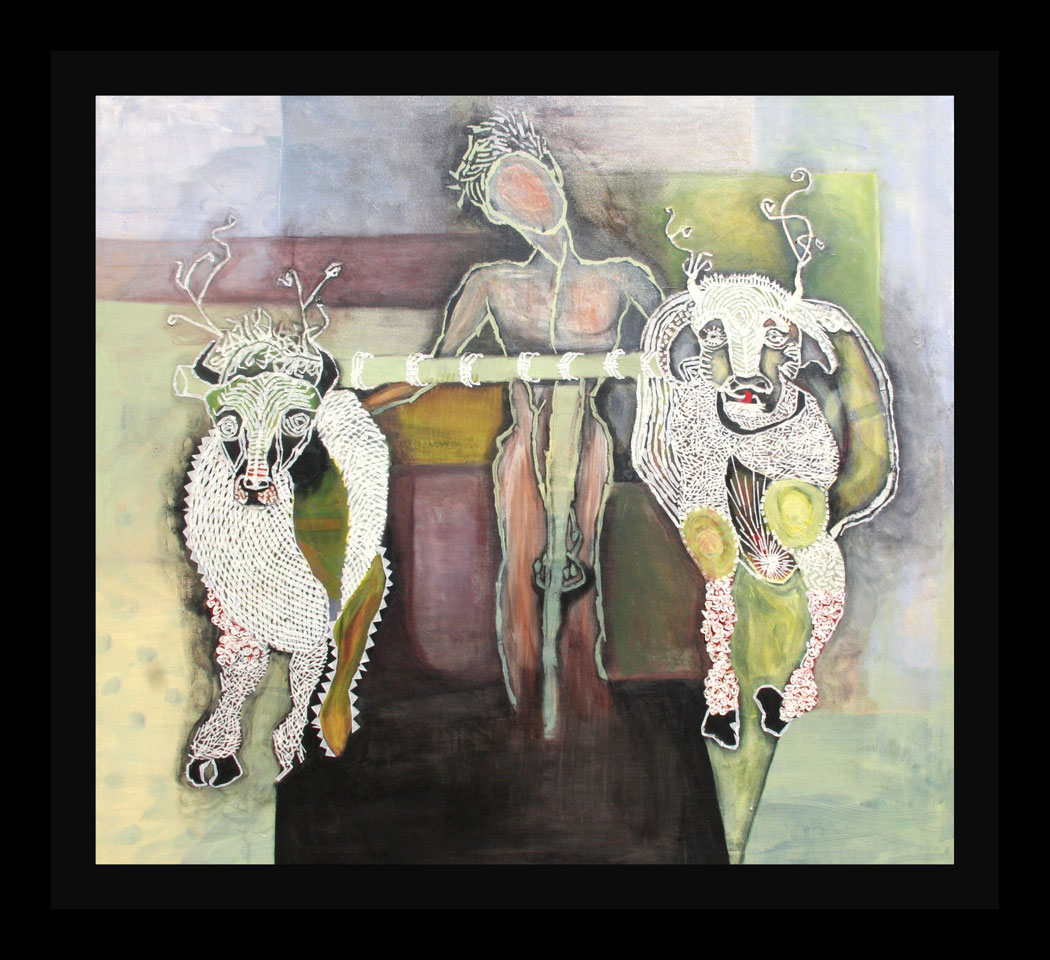 BULL RACING AT QILA RAIPUR - Size: 40x36 ins. - Medium: acrylic and paper on canvas