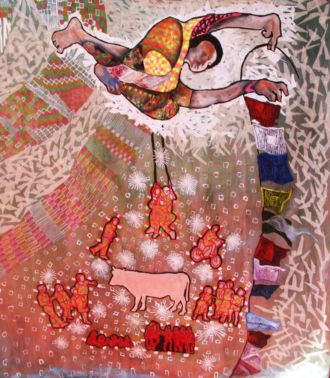 Title: PRAYER FLAGS. Size: 49x42 ins. Medium: thread, paper & acrylic on canvas