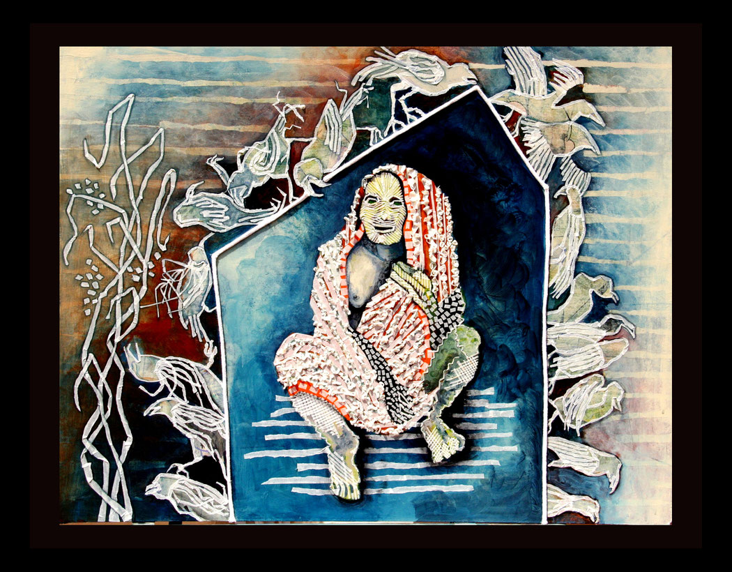 AMI FROM KERALA LIVES ALONE WITH AN ARMY OF CROWS. HER PROTECTION AGAINST STRANGERS APPROACHING HER HOME. Size: 30x24 ins. Medium: thread, paper & acrylic on canvas: 