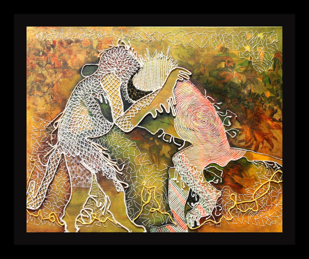  MONKEYS UNDER MY MANGO TRESS - Size: 30x24 ins. - Medium: thread, paper & acrylic on canvas