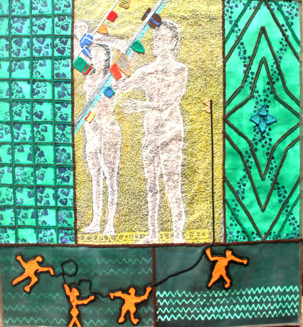 Title: FLAGS 3 - Colonial Detritus- Size: 4x45 ins. - Medium: acrylic and thread on canvas.