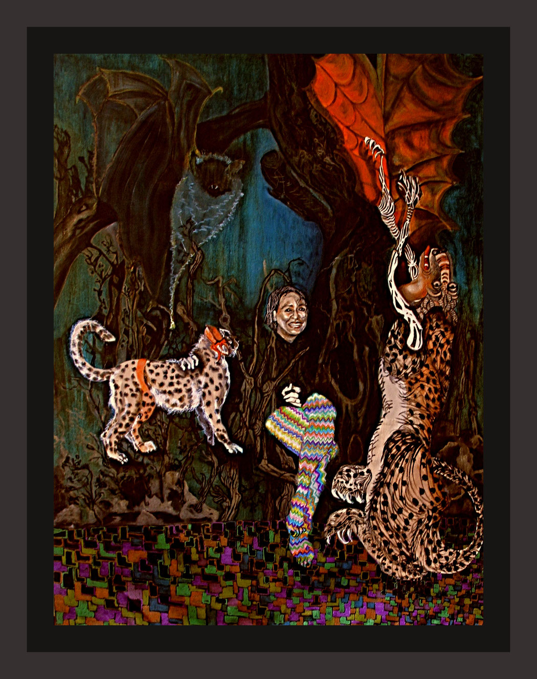 CAN LEOPARDS FLY? (BV Karanth: Once big cats lose their fear of humans they become dangerous animals) -  Size: 49x36 - Medium: acrylic on canvas..  