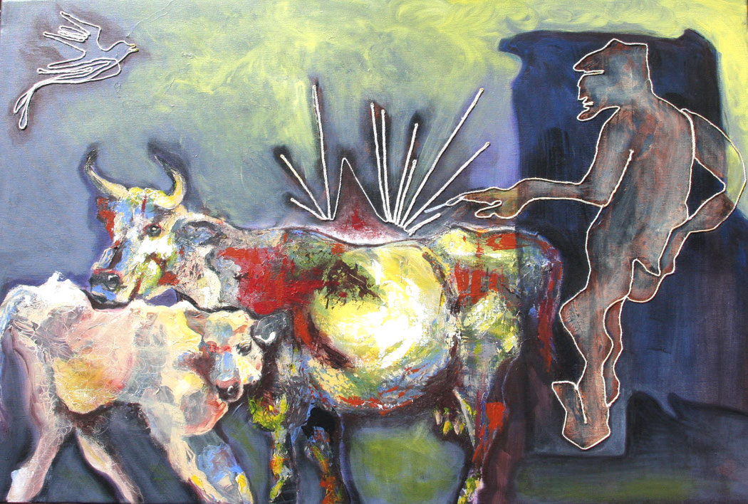 COWS - Size: 36x24 ins. - Medium: thread & acrylic on canvas