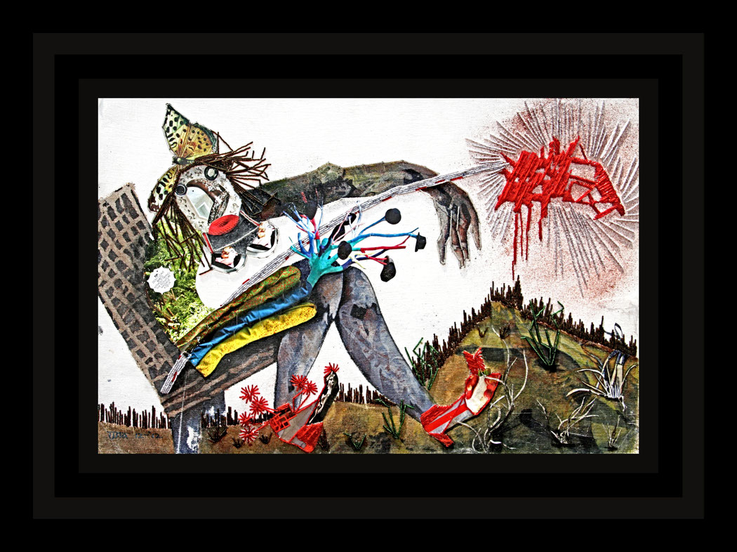 MEMOIRS OF A NON-TRAVELLER - Size: 30x25 ins. - Medium: collage & beads on canvas.