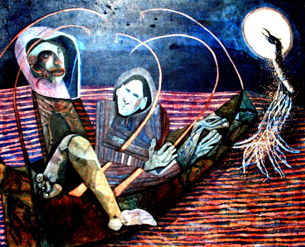 MOON FISHING IN THE SUNDERBANS - Size: 30x24 ins. - Medium: egg tempera on board.  #egg tempera