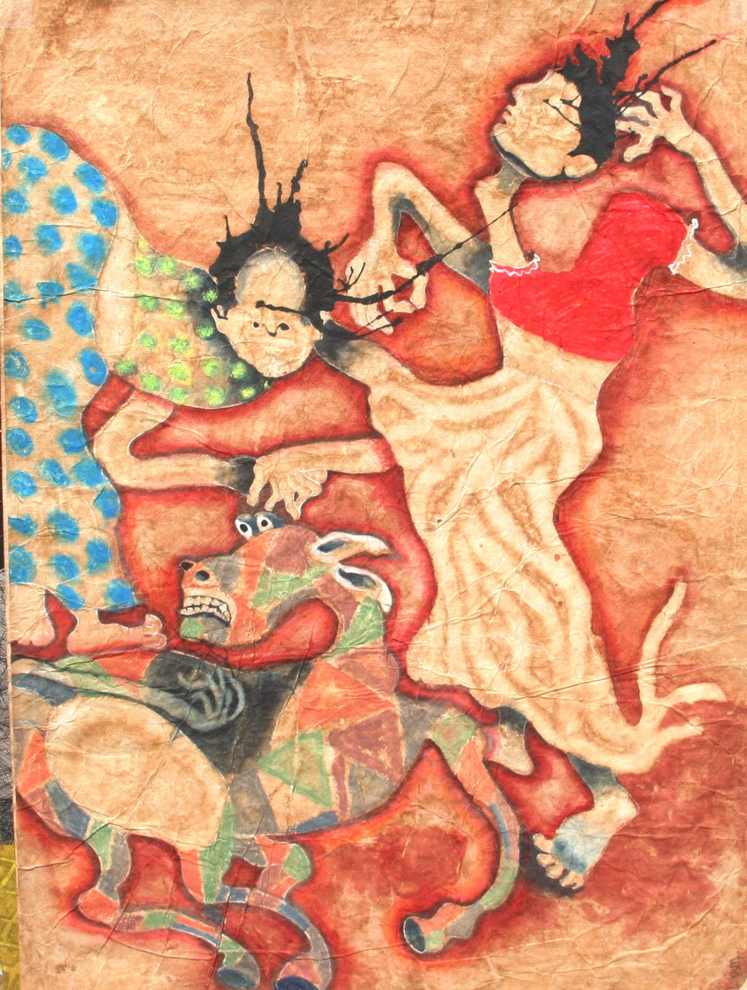 DANCING WITH A MULE - Size: 35x24 ins.- Medium: water colour on paper