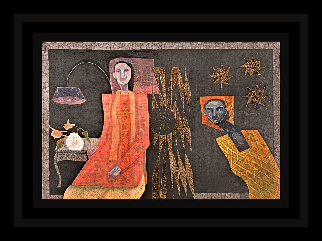MOTHERS & DAUGHTERS - Size: 30x1 ins. - Medium: egg tempera & beads on canvas    -    # egg tempera