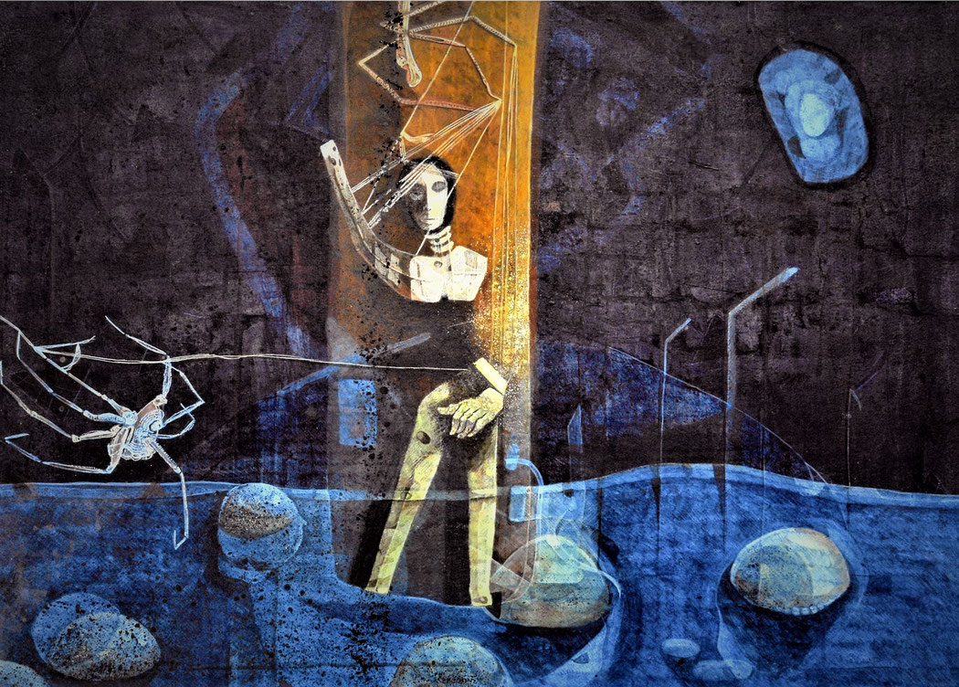 THE MOON AND COBWEBS - Size: 24x18 ins. Medium: egg tempera on board.    #egg tempera