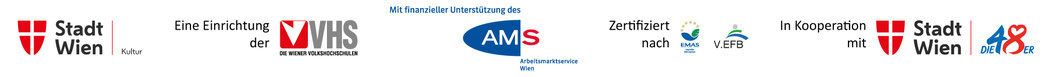 Fördergeber Logos: VHS Wien, MA 12, AMS Wien; Zertifiziert nach: EMAS, V.EFB; in Kooperation mit: MA 48