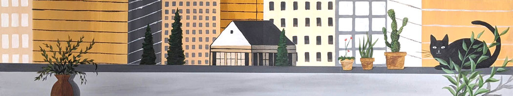 Acrylbild "Großstadtpanorama mit schwarzer Katze": extremes Breitformat, Häuseransichten, Blick von einem Balkon. Auf der Brüstung sitzt eine schwarze Katze neben eingetopften Pflanzen.