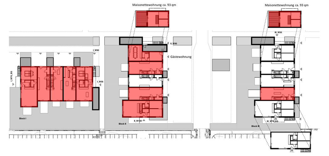 Der Belegungsplan der Baugemeinschaft de Upfüller (Erdgeschossgrundrisse, die im Falle einer Belegung rot hinterlegt sind), 13 von 18 bzw. 19 Wohneinheiten sind belegt.