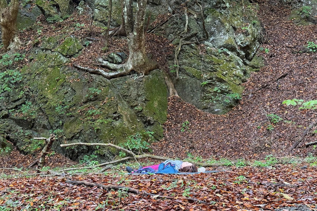 森の中で眠る女性。森の中で安心に包まれる時間。