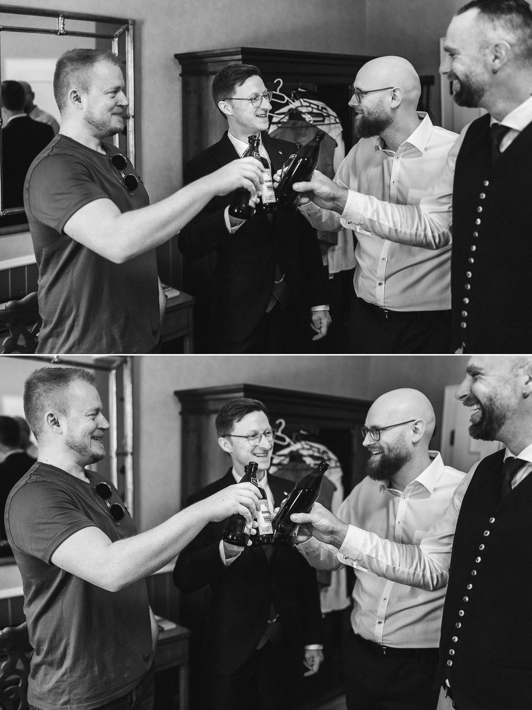 Entspannter Moment: Benedict und seine Groomsmen im Klosterhotel.