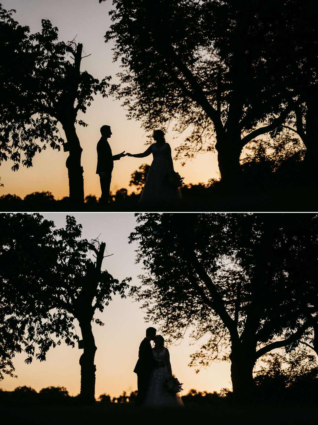 Silhouette des Brautpaares gegen den goldenen Abendhimmel im Kloster Wöltingerode. Hochzeitsfotografie Goslar: Braut und Bräutigam als Schattenriss im historischen Klostergarten.