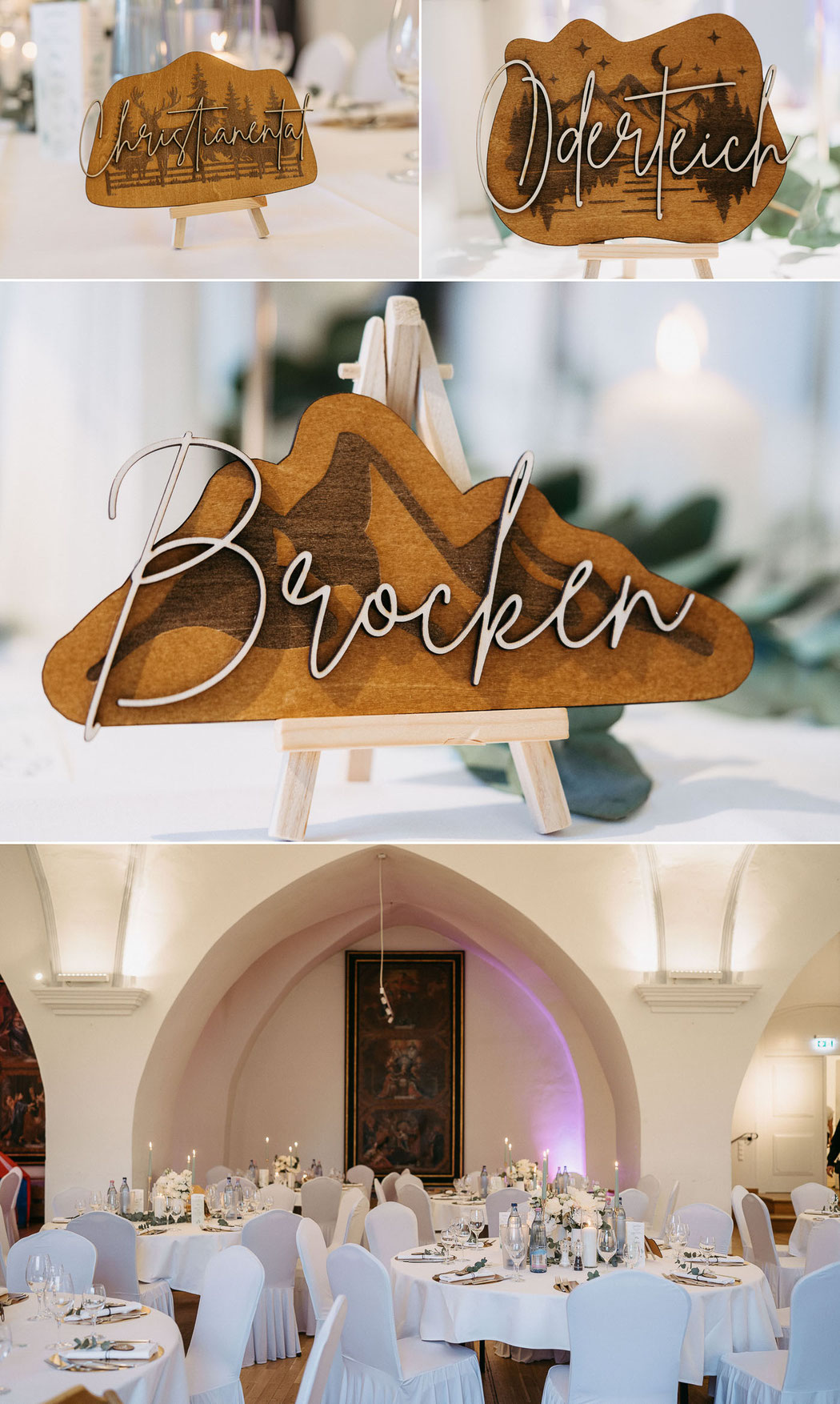 Hochzeitsfotografie Goslar: Fokus auf die Menükarten und Blumengestecke.