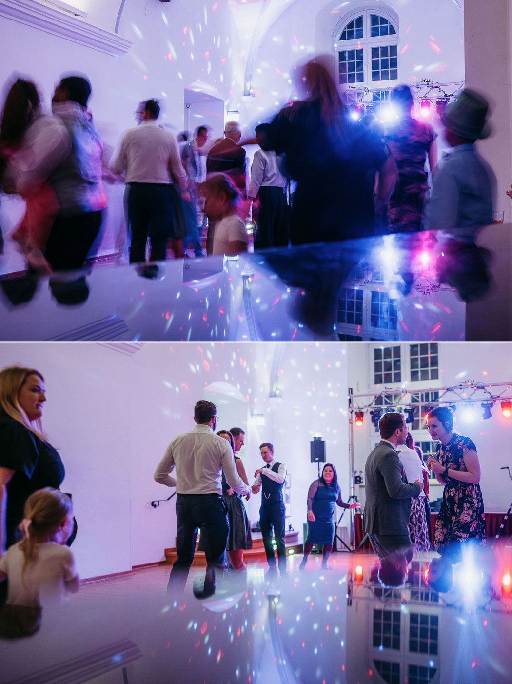 Hochzeitsfotografie Goslar: Lichteffekte und Farben der Lasershow im Klosterinnenhof.