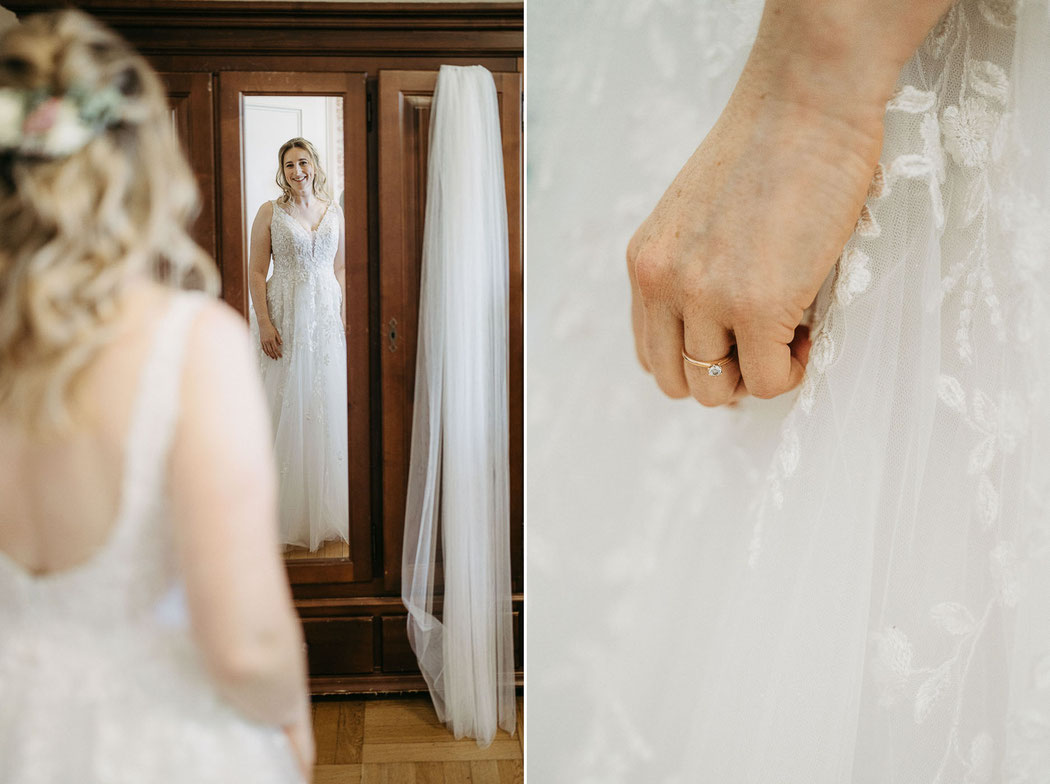 Detail der Spitze: Das Hochzeitskleid von Anett in voller Pracht.