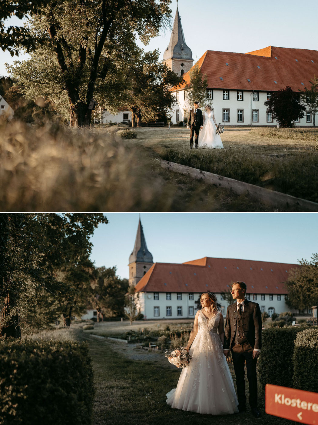 Brautpaar steht vor im Kräutergarten des Kloster Wöltingerode, im Hintergrund sieht man das Kloster bei abendlicher Lichtstimmung.