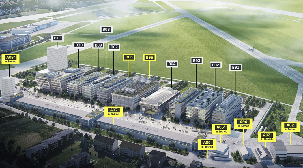 Innovationspark Zürich mit Bezeichnung der Neubauten (Qualle IPZ Property AG); Achtung A08, A06 und A05 sind weder in Bau noch in Betrieb