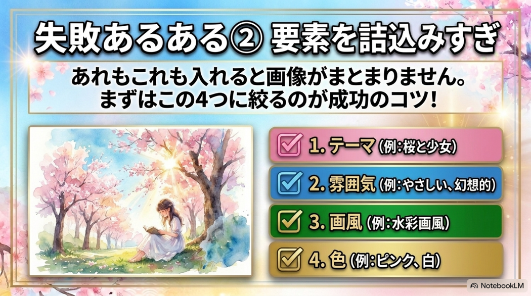 プロンプトへ情報を入れすぎると、  画像がまとまりにくくなることがあります。