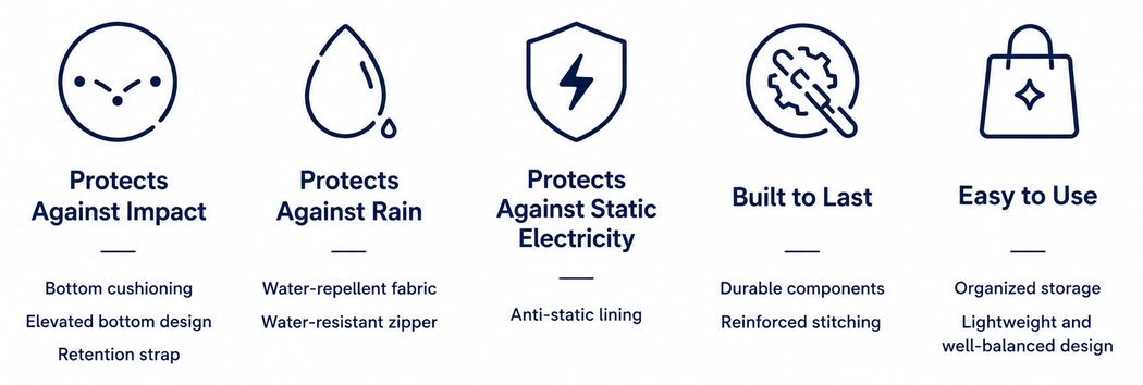 ETUBY bag features including impact protection, rain protection, anti-static lining, durable construction, and user-friendly organization