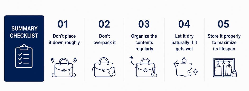 Summary checklist for extending the life of a business bag through careful handling, proper packing, regular organization, natural drying, and correct storage.
