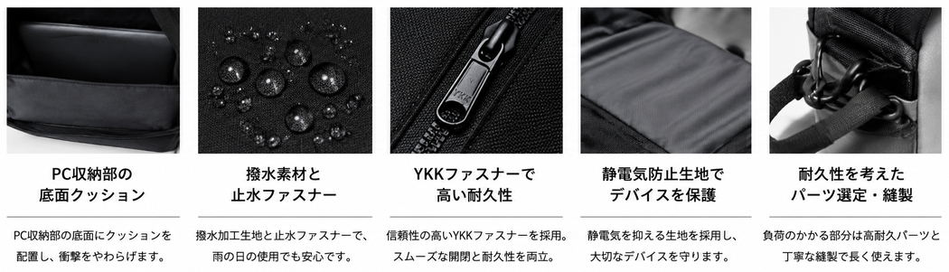 PC収納部の底面クッション、撥水素材、YKKファスナー、静電気防止生地、耐久性を高めるパーツなどETUBYの品質へのこだわり。