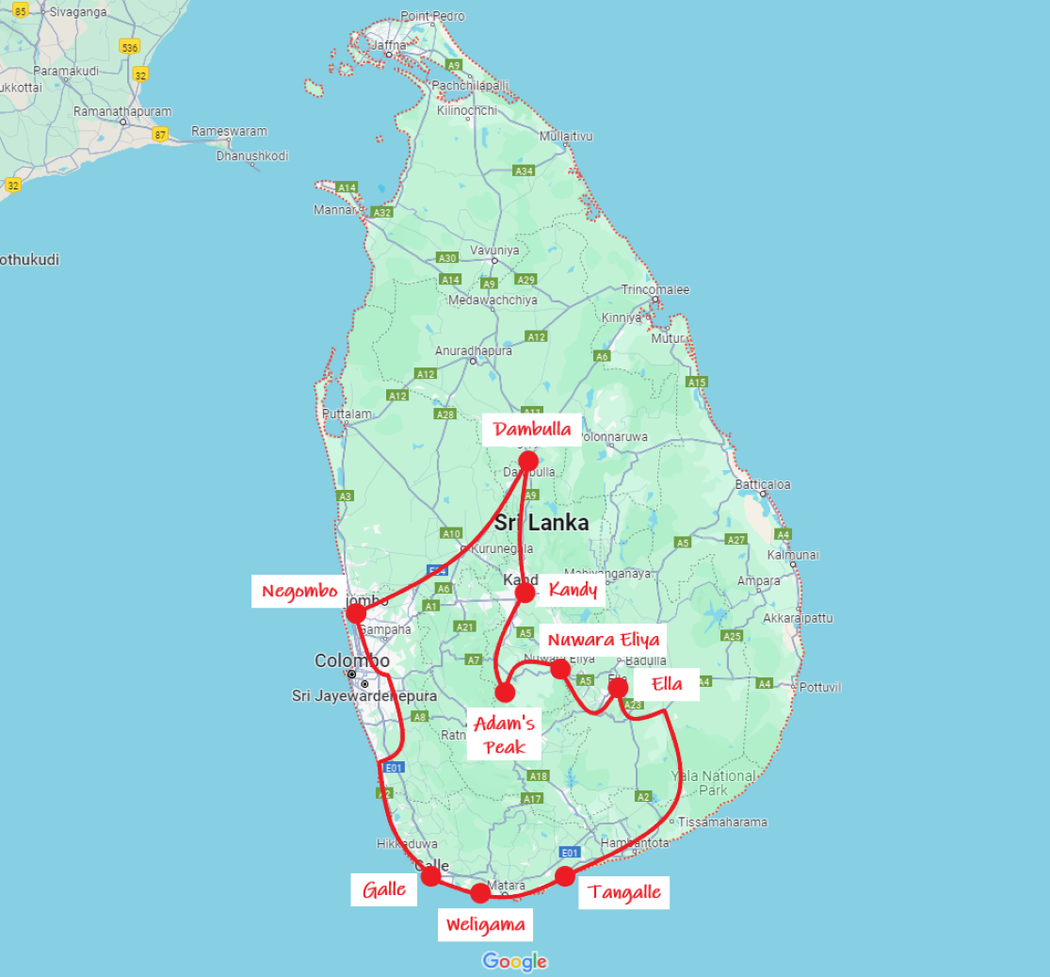 Sri Lanka 3 Wochen Route