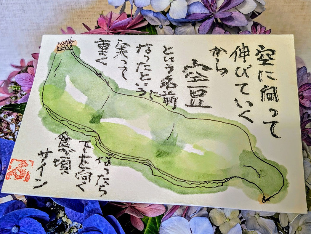 2025年6月22日（日）に教会員のふみこさんから手渡された絵手紙です。下のアジサイは、十文字平和教会のはるおさんのお庭から礼拝堂に置かれていたものです。
