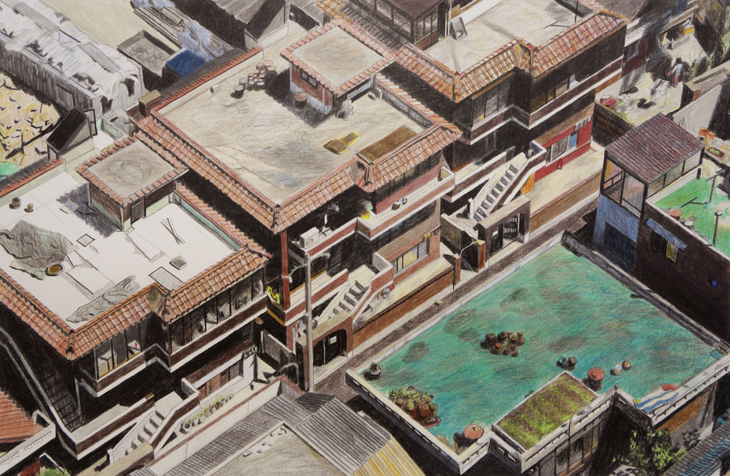 Seoul, Häuser, Buntstift, 31 x 47 cm