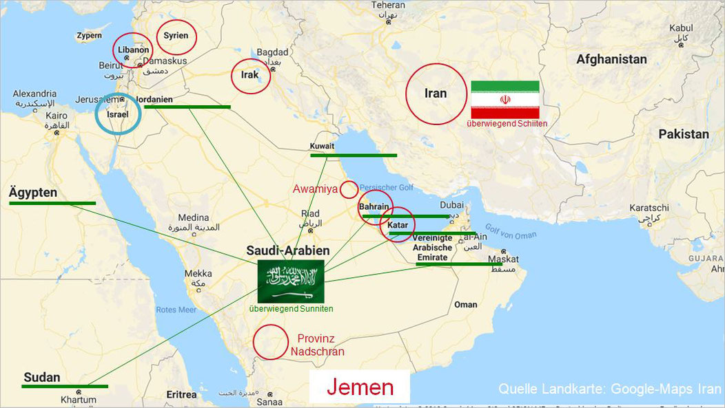 Der Jemen, Spielball zwischen aufstrebenden regionalen Großmächten von Saudi Arabien und seinen Verbündeten sowie Iran und seine Verbündeten. Katar und Bahrein sind aufgrund letzter Spannungen mit Saudi Arabien derzeit unentschlossen, was den Iran angeht.